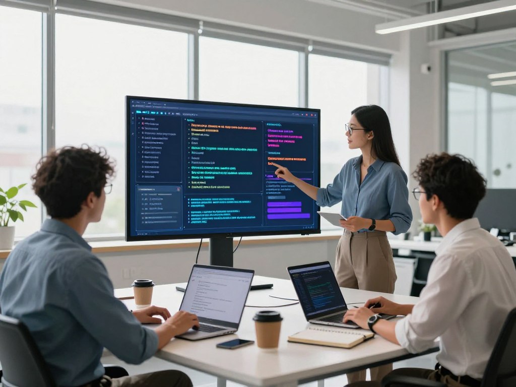 A visually engaging workspace scene depicting a professional environment where AI seamlessly integrates into daily tasks. In the foreground, a diverse group of three professionals in smart casual attire are depicted interacting with a large digital screen displaying a colorful grid of AI prompts. The middle ground features various modern office elements like laptops, notebooks, and coffee cups, all characterized by a clean and organized aesthetic. In the background, large windows allow for natural light to flood the room, illuminating the scene and creating a bright, inspiring atmosphere. The composition emphasizes efficiency and productivity, evoking a sense of innovation and the promise of saving time through AI technology. Use a wide-angle lens perspective to capture the workspace dynamics effectively. The ambiance should feel motivating and forward-thinking.