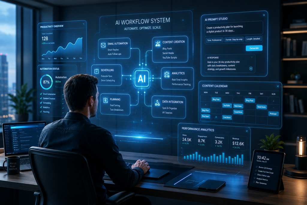 A futuristic productivity workspace powered by AI automation